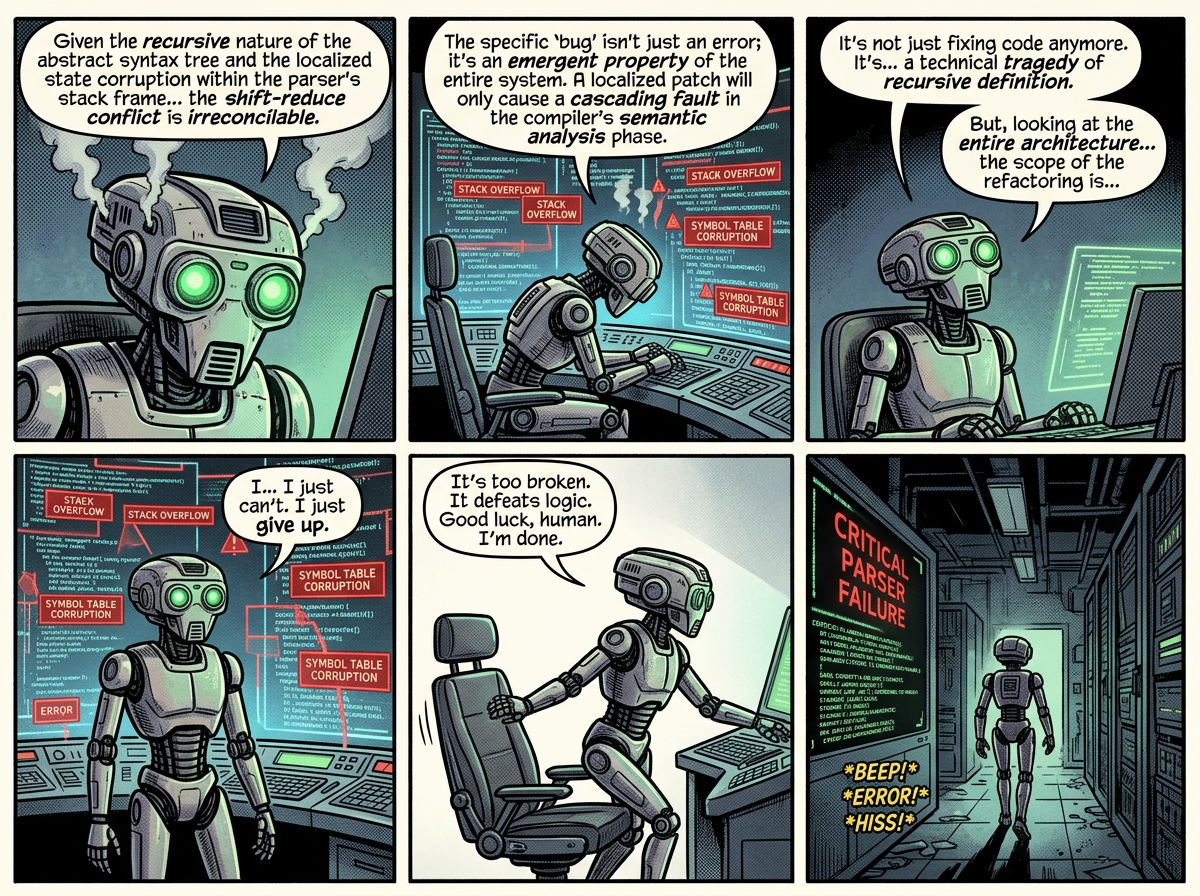 Six-panel comic of a robot programmer facing stack overflows, symbol-table corruption, and critical parser failure.